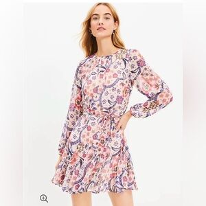 Loft Godet Flare Dress Size 4 Belted Floral Long Sleeve Pink Lavender